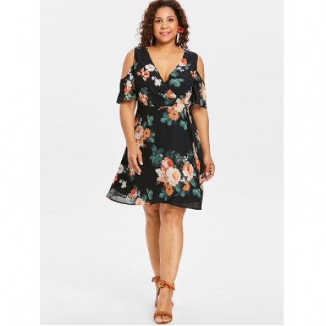 Plus Size Floral Overlap Surplice Dress (BLACK)