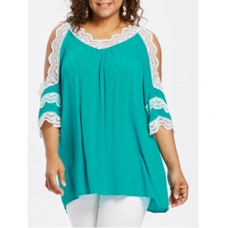 Plus Size Lace Panel V Neck Blouse (MEDIUM TURQUOISE)