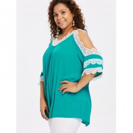 Plus Size Lace Panel V Neck Blouse (MEDIUM TURQUOISE)