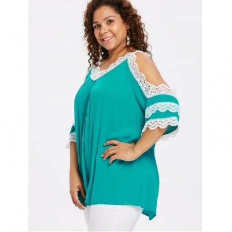 Plus Size Lace Panel V Neck Blouse (MEDIUM TURQUOISE)