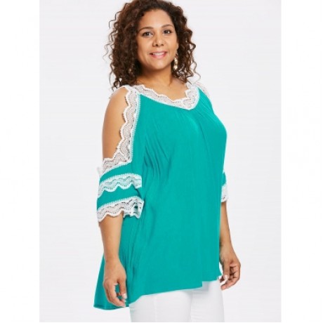 Plus Size Lace Panel V Neck Blouse (MEDIUM TURQUOISE)