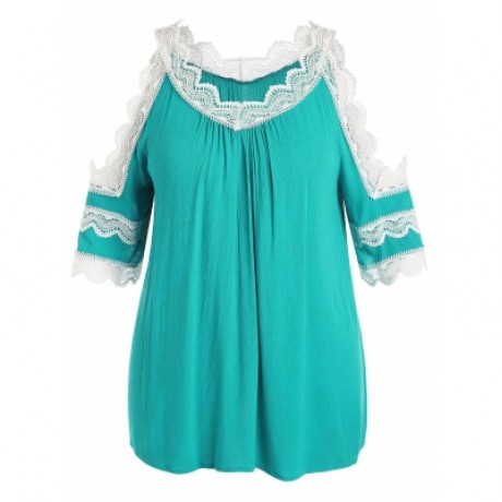 Plus Size Lace Panel V Neck Blouse (MEDIUM TURQUOISE)