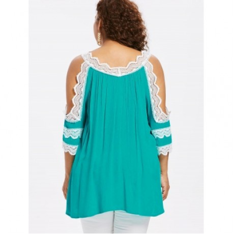 Plus Size Lace Panel V Neck Blouse (MEDIUM TURQUOISE)