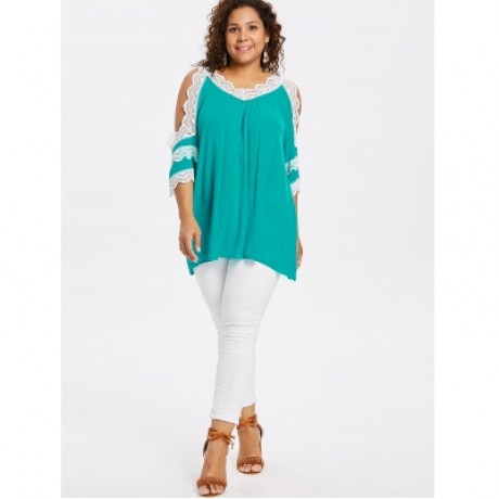 Plus Size Lace Panel V Neck Blouse (MEDIUM TURQUOISE)