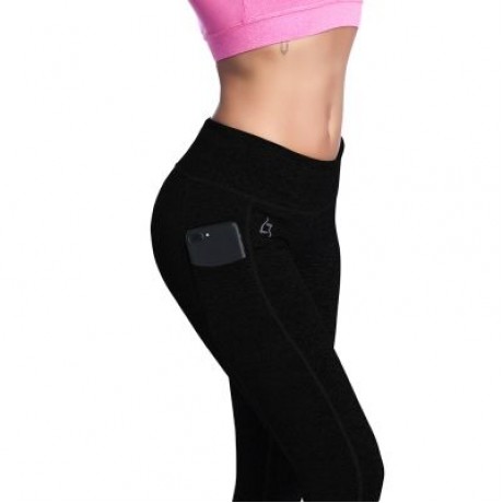High Waist Pocket Skinny Elastic Solid Color Women Yoga Pants (BLACK)