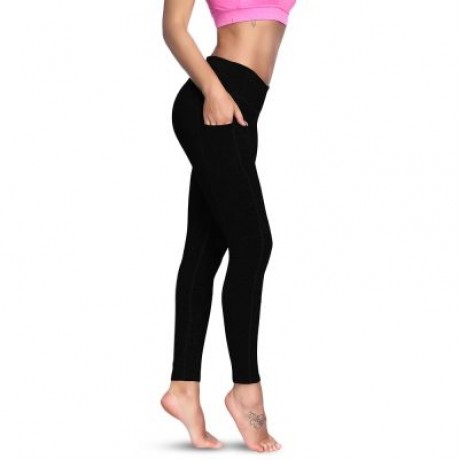 High Waist Pocket Skinny Elastic Solid Color Women Yoga Pants (BLACK)