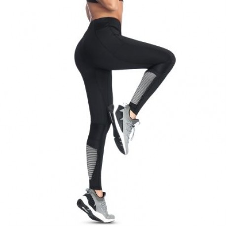 High Waist Pocket Stripe Skinny Elastic Women Yoga Pants (BLACK)