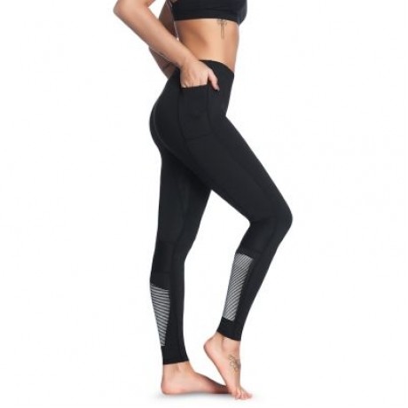 High Waist Pocket Stripe Skinny Elastic Women Yoga Pants (BLACK)