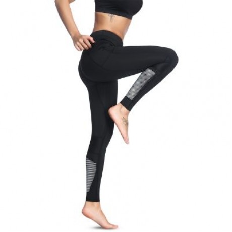 High Waist Pocket Stripe Skinny Elastic Women Yoga Pants (BLACK)