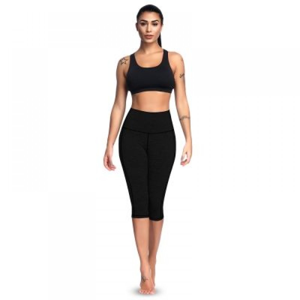 High Waist Skinny Pocket Elastic Yoga Women Cropped Pants (BLACK)