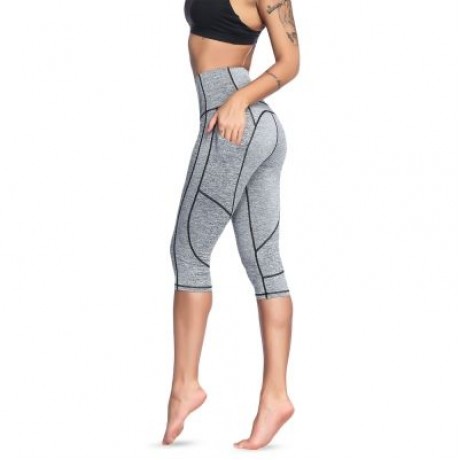 High Waist Skinny Pocket Elastic Yoga Women Cropped Pants (JET GRAY)