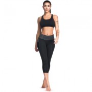 Mid Waist Color Blocking Pocket Spliced Mesh Elastic Skinny Women Cropped Pants (BLACK)