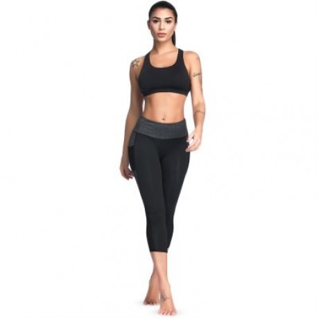 Mid Waist Color Blocking Pocket Spliced Mesh Elastic Skinny Women Cropped Pants (BLACK)