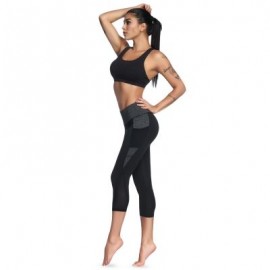 Mid Waist Color Blocking Pocket Spliced Mesh Elastic Skinny Women Cropped Pants (BLACK)
