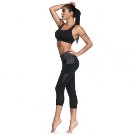 Mid Waist Color Blocking Pocket Spliced Mesh Elastic Skinny Women Cropped Pants (BLACK)