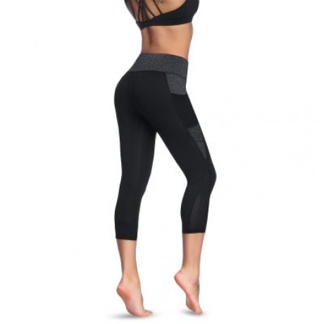 Mid Waist Color Blocking Pocket Spliced Mesh Elastic Skinny Women Cropped Pants (BLACK)