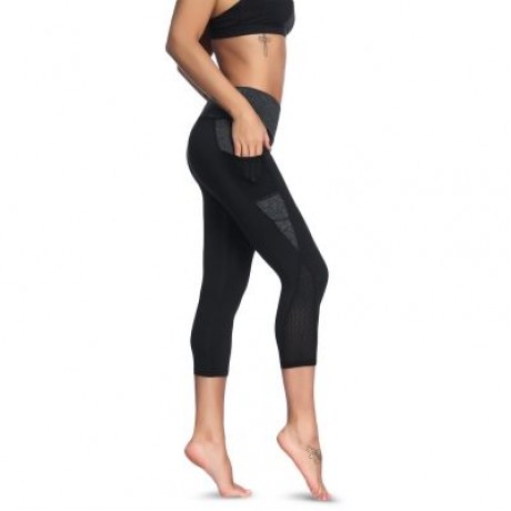 Mid Waist Color Blocking Pocket Spliced Mesh Elastic Skinny Women Cropped Pants (BLACK)