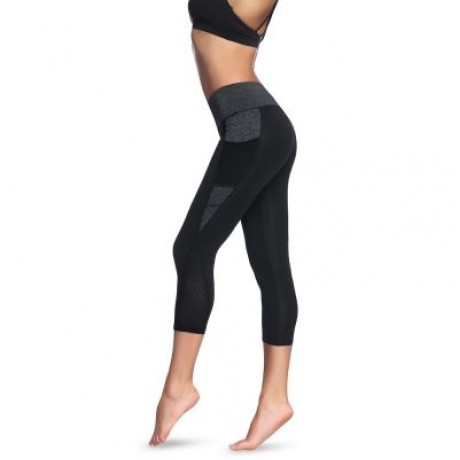 Mid Waist Color Blocking Pocket Spliced Mesh Elastic Skinny Women Cropped Pants (BLACK)
