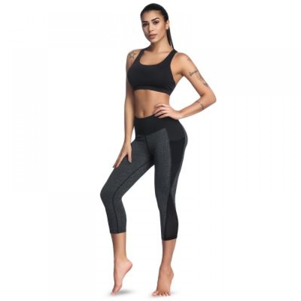 Mid Waist Color Blocking Pocket Spliced Mesh Elastic Skinny Women Cropped Pants (LIGHT SLA Mid Waist Color Blocking Pocket Spliced Mesh Elastic Skinny Women Cropped Pants (LIGHT SLA