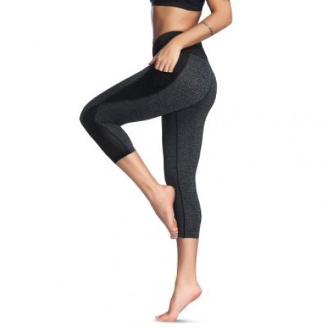 Mid Waist Color Blocking Pocket Spliced Mesh Elastic Skinny Women Cropped Pants (LIGHT SLA
