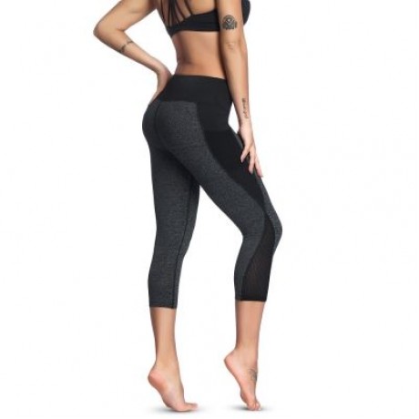 Mid Waist Color Blocking Pocket Spliced Mesh Elastic Skinny Women Cropped Pants (LIGHT SLA