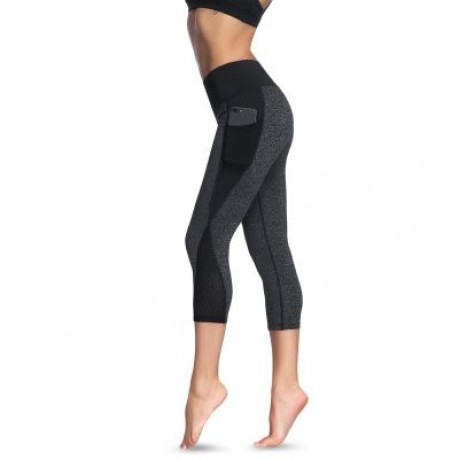 Mid Waist Color Blocking Pocket Spliced Mesh Elastic Skinny Women Cropped Pants (LIGHT SLA