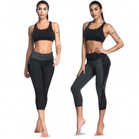 Mid Waist Color Blocking Pocket Spliced Mesh Elastic Skinny Women Cropped Pants (LIGHT SLA