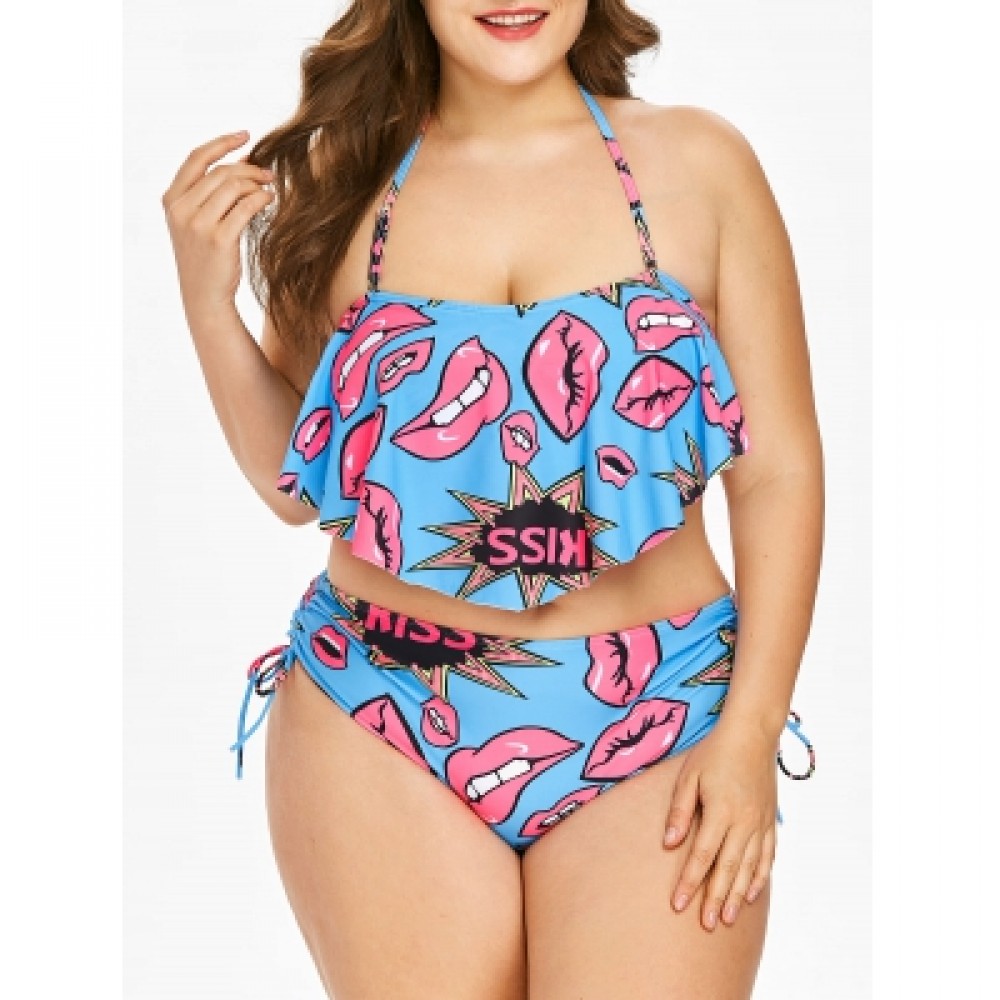 Plus Size Kiss Graphic Overlay Bikini Set (BUTTERFLY BLUE)
