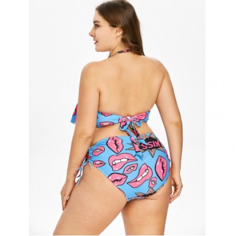 Plus Size Kiss Graphic Overlay Bikini Set (BUTTERFLY BLUE)