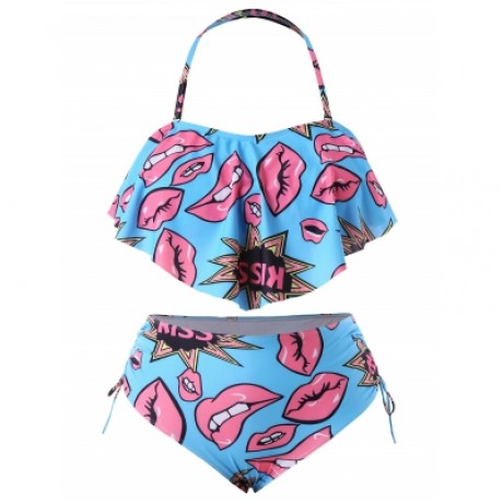Plus Size Kiss Graphic Overlay Bikini Set (BUTTERFLY BLUE)