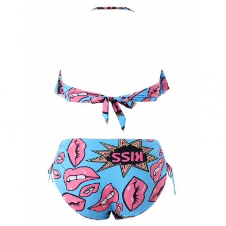 Plus Size Kiss Graphic Overlay Bikini Set (BUTTERFLY BLUE)