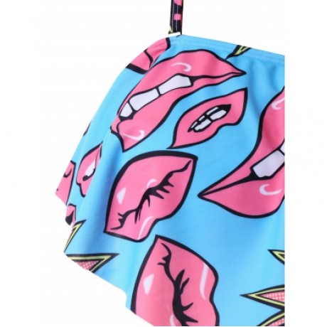 Plus Size Kiss Graphic Overlay Bikini Set (BUTTERFLY BLUE)