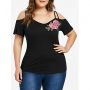 Plus Size Appliqued Cold Shoulder T-shirt (BLACK)