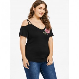 Plus Size Appliqued Cold Shoulder T-shirt (BLACK)