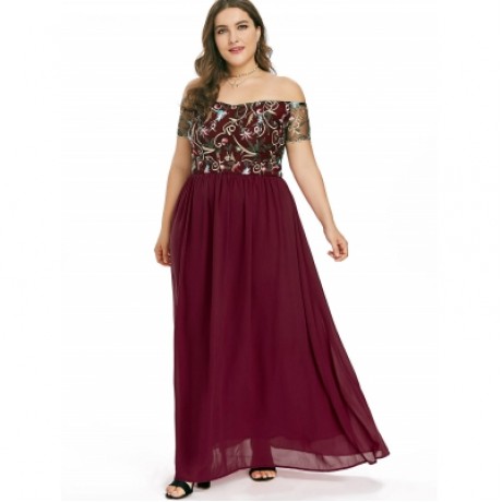 Plus Size Embroidery Off The Shoulder Maxi Dress (RED)