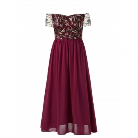 Plus Size Embroidery Off The Shoulder Maxi Dress (RED)