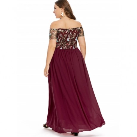 Plus Size Embroidery Off The Shoulder Maxi Dress (RED)