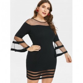 Plus Size Flare Sleeve Mesh Yoke Dress (BLACK)