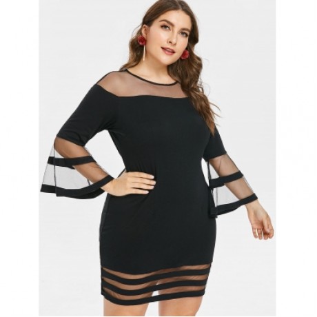 Plus Size Flare Sleeve Mesh Yoke Dress (BLACK)