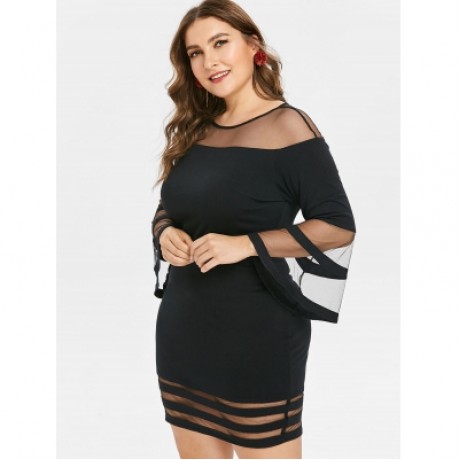 Plus Size Flare Sleeve Mesh Yoke Dress (BLACK)