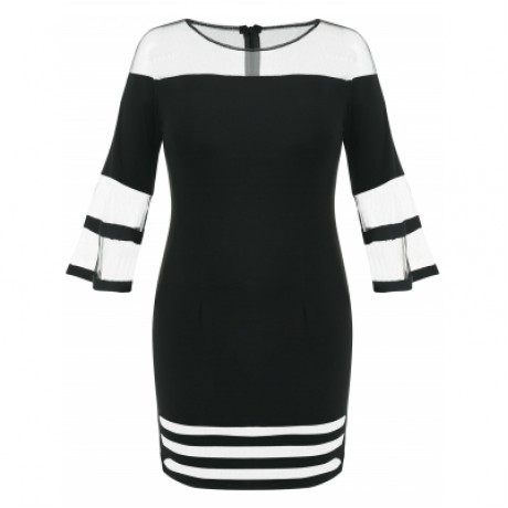 Plus Size Flare Sleeve Mesh Yoke Dress (BLACK)