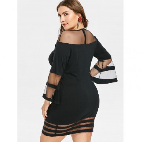 Plus Size Flare Sleeve Mesh Yoke Dress (BLACK)