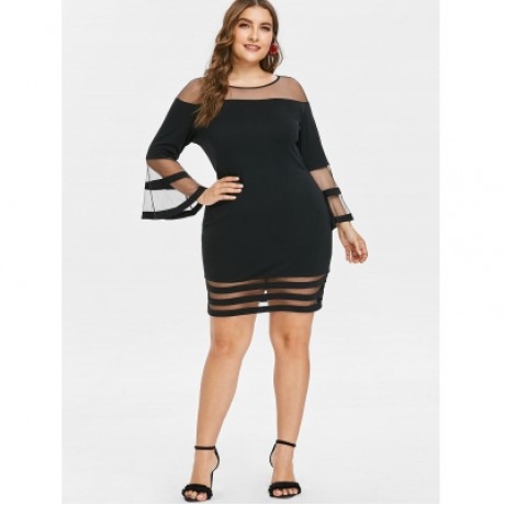 Plus Size Flare Sleeve Mesh Yoke Dress (BLACK)