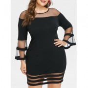 Plus Size Flare Sleeve Mesh Yoke Dress (BLACK)