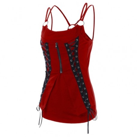 Spaghetti Strap Lace Up Fitted Tank Top (RED WINE)