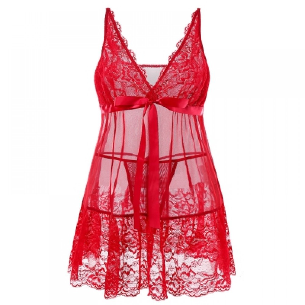Plus Size Deep V Neck Sheer Lace Babydoll Set (RED)