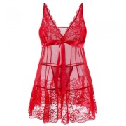 Plus Size Deep V Neck Sheer Lace Babydoll Set (RED)