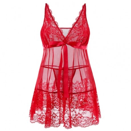 Plus Size Deep V Neck Sheer Lace Babydoll Set (RED)