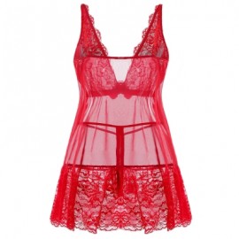 Plus Size Deep V Neck Sheer Lace Babydoll Set (RED)