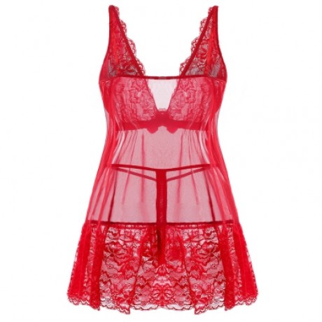 Plus Size Deep V Neck Sheer Lace Babydoll Set (RED)